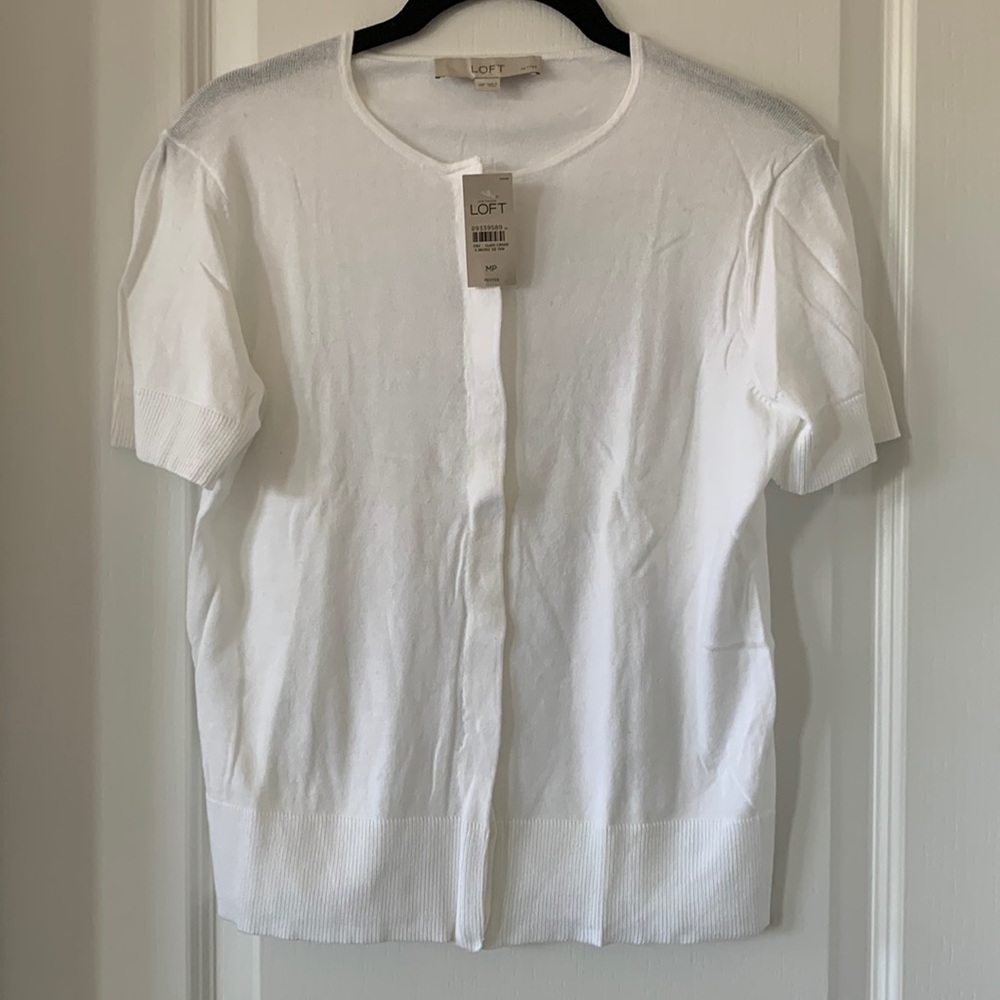 NWT LOFT White 100% Pima Cotton Knit Button Front Short Sleeves Top Size MP